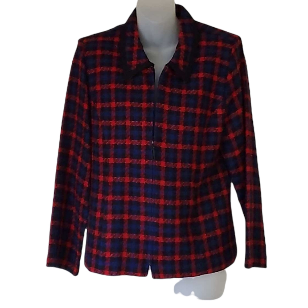 SAG HARBOR Casual Ware Red & Blue Plaid Shacket Zip Front Womens Petite Medium